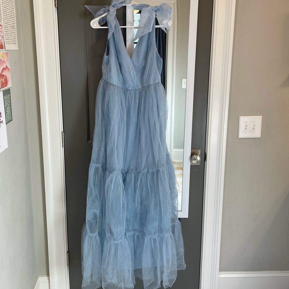 ASOS tulle bow tie tiered maxi dress in light blue